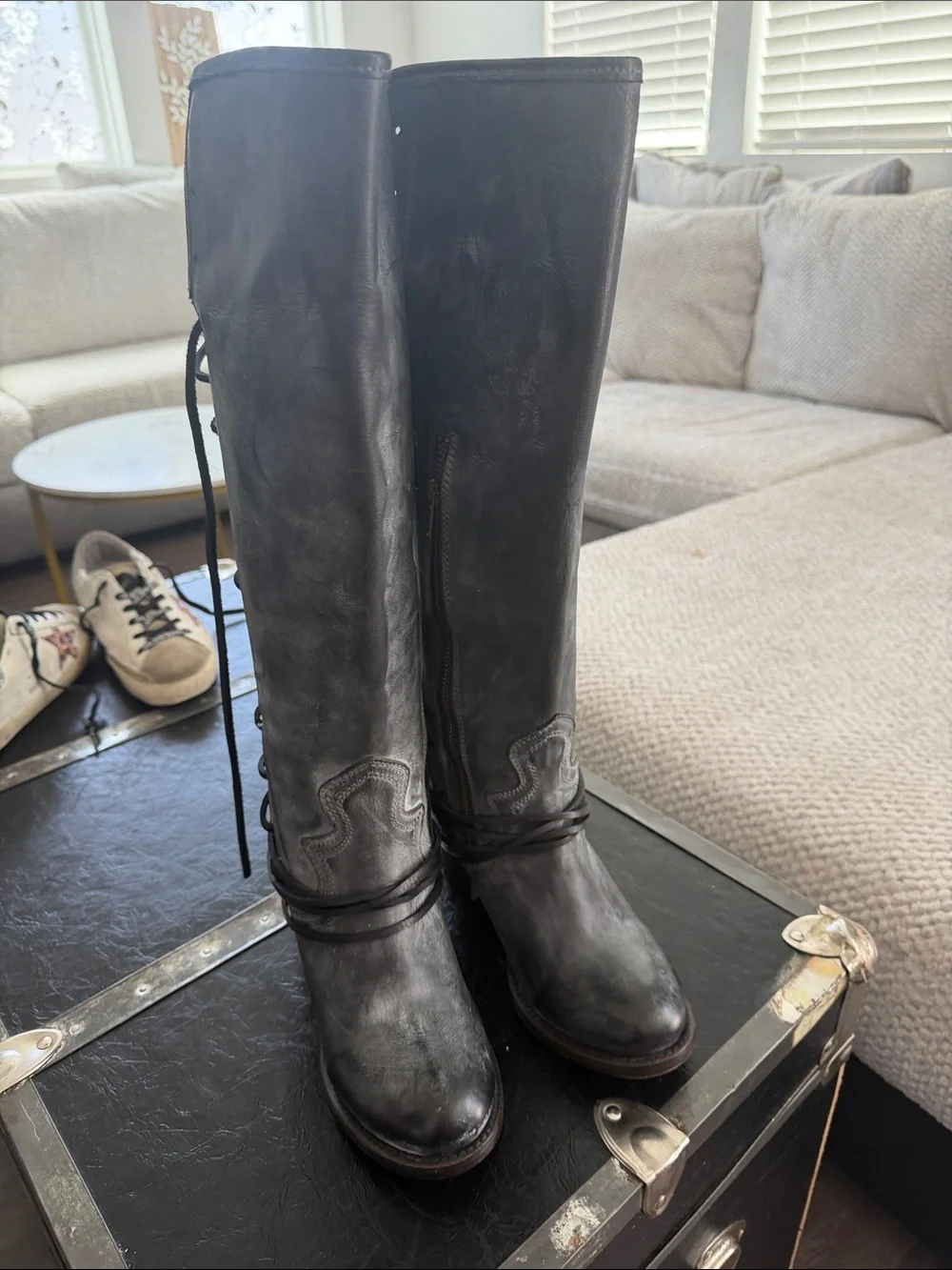 Freebird by Steven Tall Lace-Up Boots in Gray with Burgundy Interior - Picture 3 of 8
